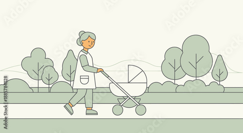 Elderly Woman Pushing Modern Stroller Down Paved Path Surrounded By Green Trees And Gentle Landscape Background For Family Care Concepts
