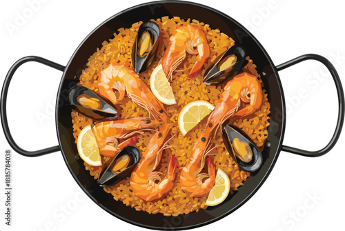 Traditional Spanish Seafood Paella in a Black Pan Featuring Large Prawns, Mussels, Saffron Rice, and Lemon Slices for Culinary and Restaurant Menu Designs