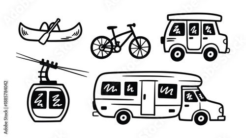 Collection of Transport and Travel Icons: A compilation of travel and transport icons, including a canoe, bicycle, RV, motorhome and cable car.  Embodying the spirit of exploration and adventure.