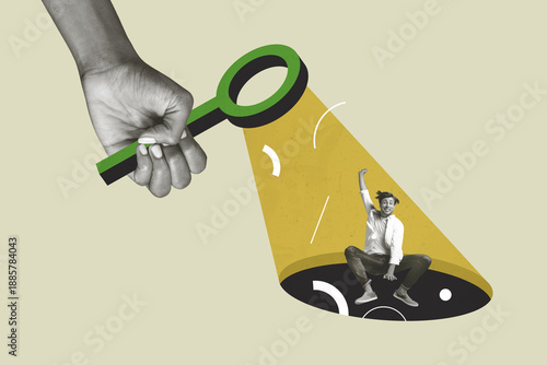 Sketch 3D collage of hiring occupation workspace recruitment entrepreneur hand hold magnifier glass research candidate young man jump hole