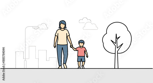 Parent Holding Child Hand Walking Sidewalk City Nature Gentle Outline Style People Outdoors Activity Casual Leisure Day Scene Buildings Tree