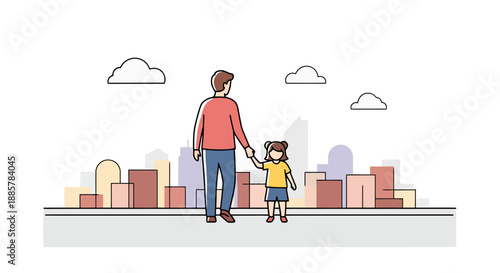 Father And Child Walking Outdoors In A Cityscape With Modern Buildings And Sky Above Full Of Clouds Representing Family Togetherness And Outdoor