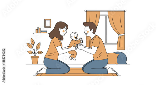 Happy parents playfully lifting their infant child in a warm living room setting creating joyful family memories together