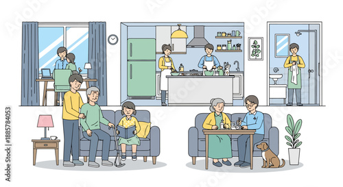 Diverse Family Generations Enjoying Activities Together Indoors Showing Daily Life Concepts And Home Activities For Every Age Group