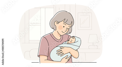 Joyful parent holding a newborn baby wrapped in a soft blanket tender moment of care and first days of life in a cozy home interior setting
