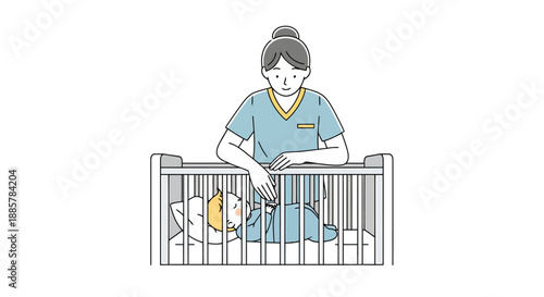 Caring nurse checking on a baby sleeping peacefully in a white crib symbolizing healthcare and early childhood development safety