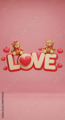 Valentine's day love concept with adorable teddy bears and hearts
