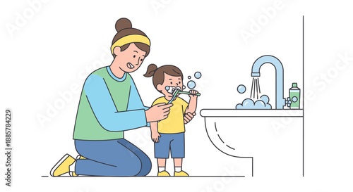 Parent assisting child with dental hygiene routine at home bathroom sink with running water and soap