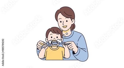 Parental Guidance For Young Child Learning To Brush Teeth Independently During Daily Oral Hygiene Routine Development