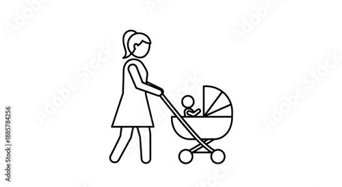 Stylized depiction of a woman pushing a baby carriage with an infant inside creating a sense of parenthood and family care moving forward smoothly