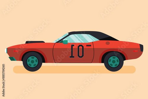Flat design illustration of an iconic orange muscle car featuring a distinctive black roof and bold number zero one prominently displayed on the driver's side door panel against a bright background.