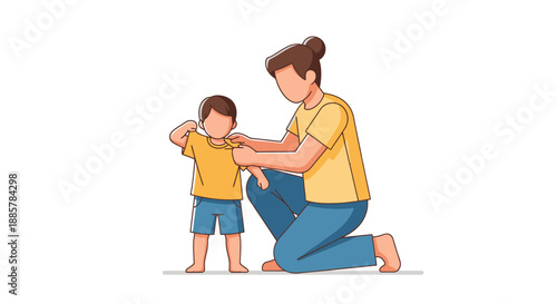 Parent helping toddler dress for outdoor activity new clothes simple style happy family togetherness care childhood development raising children warm