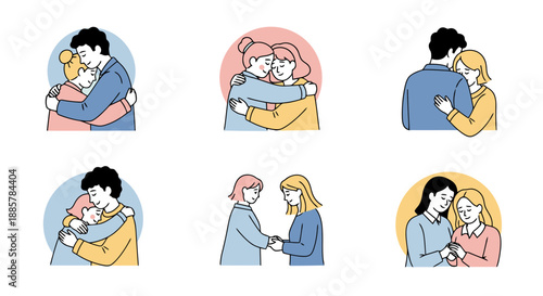 Diverse People Embrace Show Friendship Support Care And Connection In Warm Illustrated Scenes