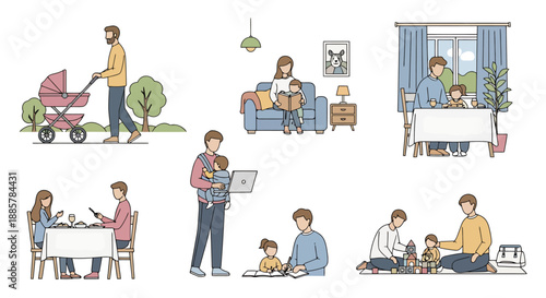 Fatherhood scenes diverse parenting activities father child bonding family life everyday moments fatherhood engagement parenthood development leisure