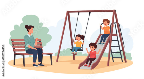 Adult watching cheerful young children enjoying playground activities including swinging and sliding creating joyous childhood memories together