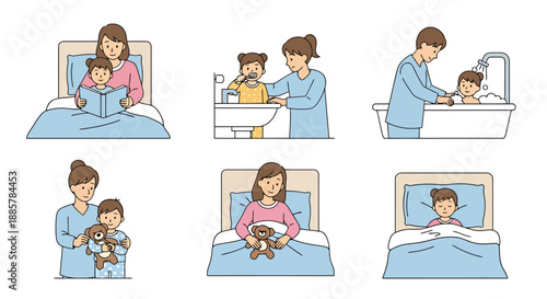 Family bedtime routine illustrations showing caring parenting moments from reading to bath time and sleep preparation