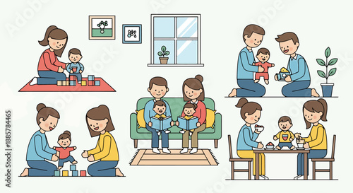 Diverse Family Scenes Depicting Parents Engaging With Young Children in Everyday Playtime Activities Indoors