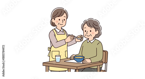 Caring caregiver feeding an elderly woman at a table promoting elder support and healthy eating assistance for senior citizens with delicious food