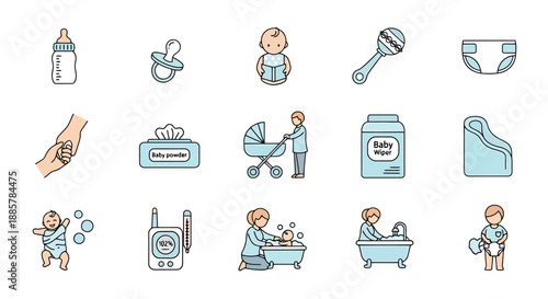 Collection of Icons Representing Newborn Baby Care Essentials and Parental Activities Including Feeding Bathing and Soothing Items