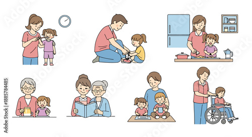 Diverse Family Life Moments Showing Daily Activities Parenting Caregiving and Generational Togetherness Celebrated Across Different Scenes