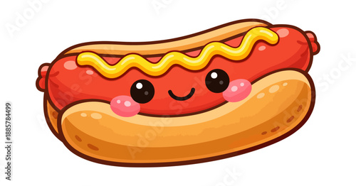 Cute hot dog character with happy smile and mustard