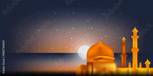 Illustration of a Ramadan mosque lit up at night with a crescent moon and starry sky, eps 10