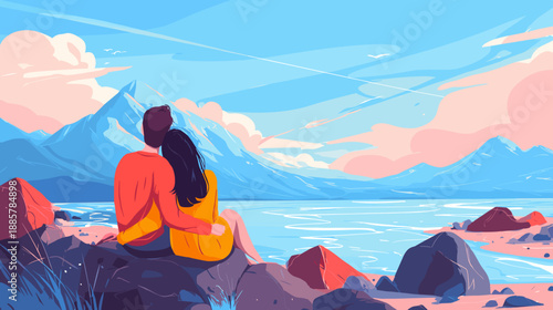 young couple sitting on the beach 