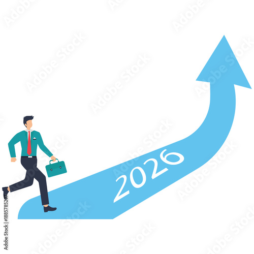 Businessman running up arrow towards 2026 success