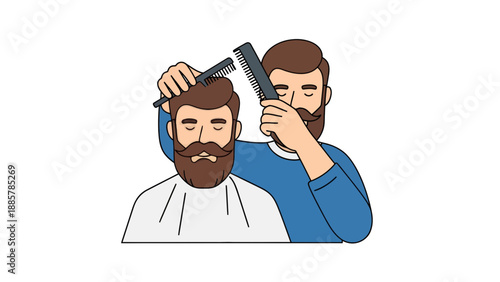 Barber Styling Man's Hair with Comb and Scissors, Flat Vector Illustration for Grooming and Personal Care Concepts
