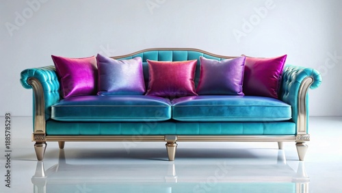 Elegant Teal Sofa with Vibrant Iridescent Pillows, Luxurious Upholstery and Ornate Gold Accents