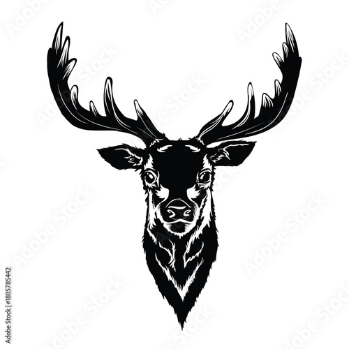 Striking monochromatic vector illustration depicting the regal head and impressive antlers of a majestic stag rendered in stark white outline against a deep black background emphasizing wilderness nob