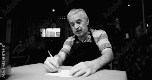 Older café owner struggles with calculations at table conveying uncertainty financial confusion mounting pressure and fear of collapse for small neighborhood business, monochrome