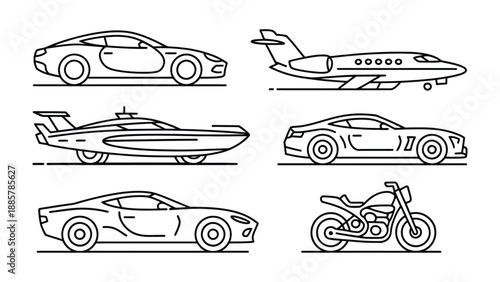 Variety of Transportation: a collection of diverse transportation, car, airplane, motorbike and yacht and show their sleek design