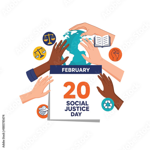 World Social Justice Day on February 20th Diverse hands embrace a shared globe, advocating for global equality, peace, and human rights