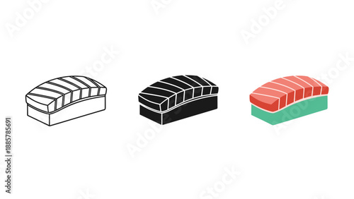 Sushi pieces in line raw black and white and colored on white background