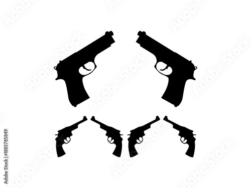 Pistol isolated silhouette vector illustration of firearms weapon design, military handgun icon, combat shooting symbol, security defense gun graphic artwork concept