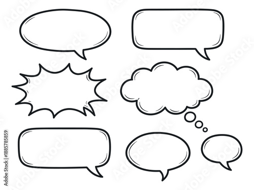 Hand drawn line art speech bubble set featuring various comic style dialogue and thought clouds for communication design