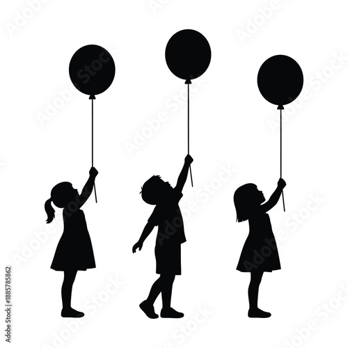 Children with Balloons Silhouette Kids Play Childhood Fun