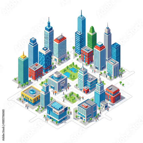 Abstract isometric cityscape illustration symbolizing a global community striving for World Social Justice Day, urban development, and sustainable growth
