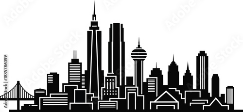 City skyline with skyscrapers and bridge in urban landscape  modern architecture silhouette