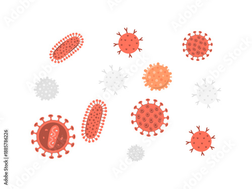 Vector medical illustration of virus and bacteria microorganism cell isolated on white background, infection biology health science disease concept