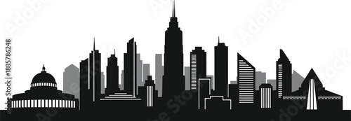 City skyline with skyscrapers and buildings in black silhouette on white background