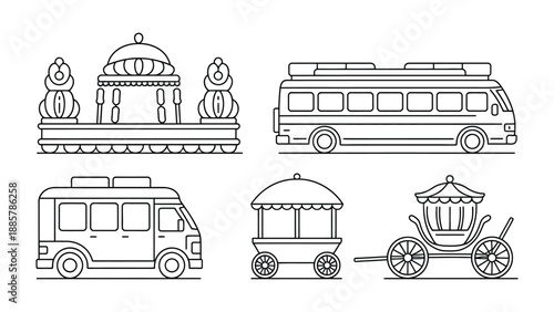 Vehicles of Varied Types: An illustration of a collection of distinctive vehicles, ranging from traditional carriages to modern buses. Each vehicle reflects a unique mode of transportation.
