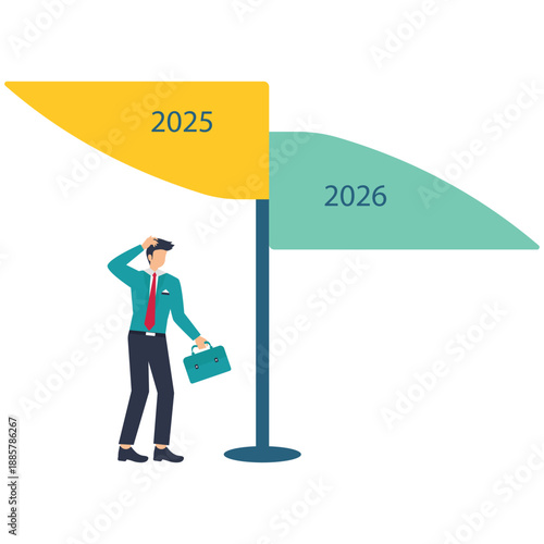 Businessman contemplating future options under divided umbrella