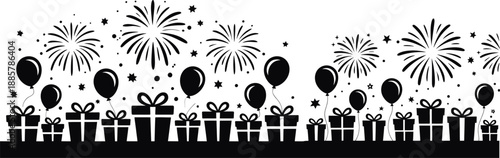 Gifts and fireworks on a celebration event with balloons and stars  festive holiday decoration