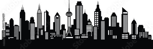 City skyline with tall buildings and skyscrapers in urban landscape  illustration