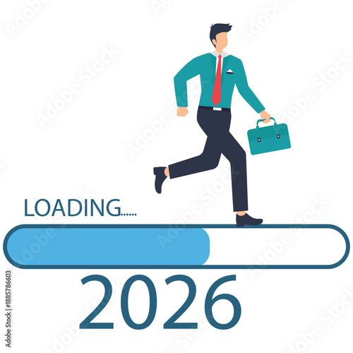 Businessman rushing into 2026 with briefcase in hand