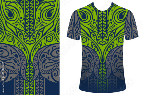 Vibrant Green and Grey Polynesian Style T-Shirt Print Design, Hawaii, South American, Fiji, Island T shirt template vector with Green Tribal Flow with Organic Leaf Motifs, Modern Jersey  Sport  Vector