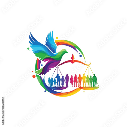 Vibrant illustration for World Social Justice Day, showing a peace dove balancing diverse communities on a scale, symbolizing global equality, human rights, and social justice