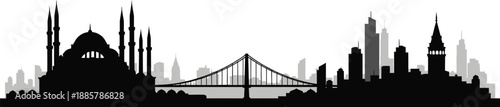 Silhouette of a city skyline with a mosque and a bridge  urban landscape